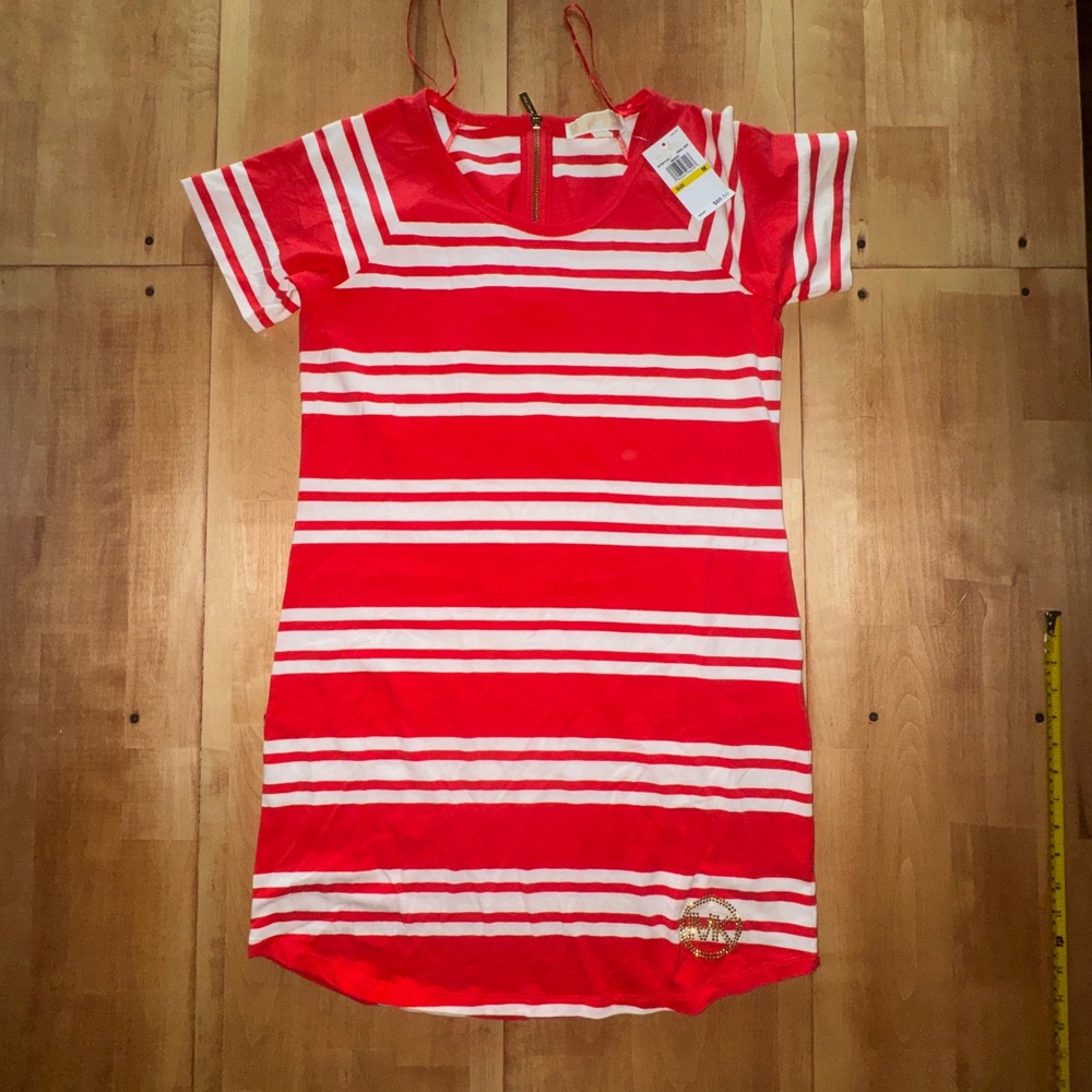 Michael Kors Womens Red White Striped T-Shirt Dress Coral Reef  Size M